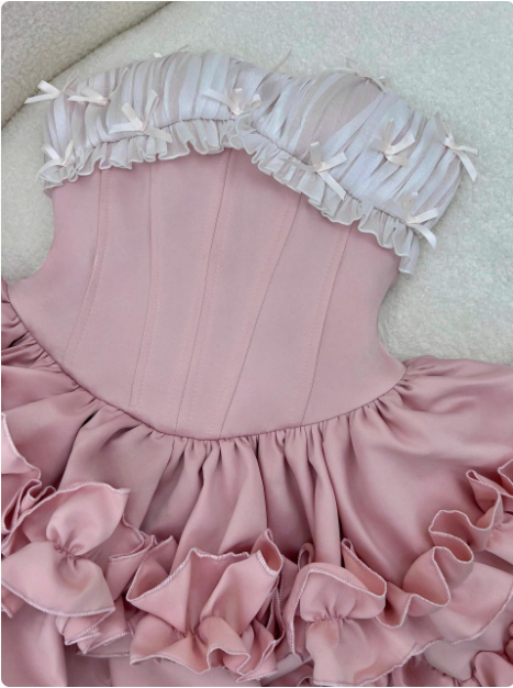 Princess Tube Top Fishbone Waist Ruffled Puffy Birthday Skirt Homecoming Dress P3974