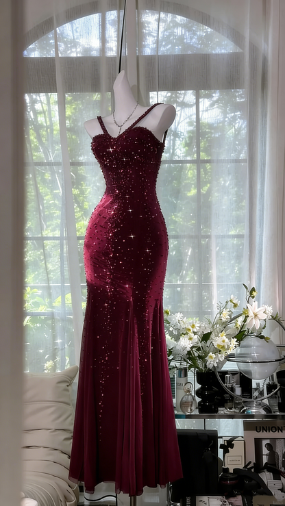 Schimmerndes seeblaues Meerjungfrauen-Abendkleid aus Chiffon mit Perlen P4037
