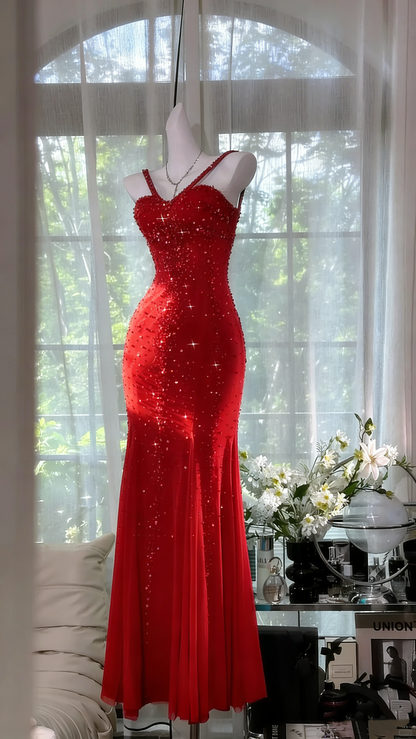 Schimmerndes seeblaues Meerjungfrauen-Abendkleid aus Chiffon mit Perlen P4037