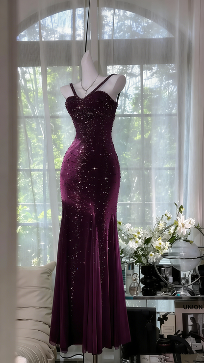 Schimmerndes seeblaues Meerjungfrauen-Abendkleid aus Chiffon mit Perlen P4037
