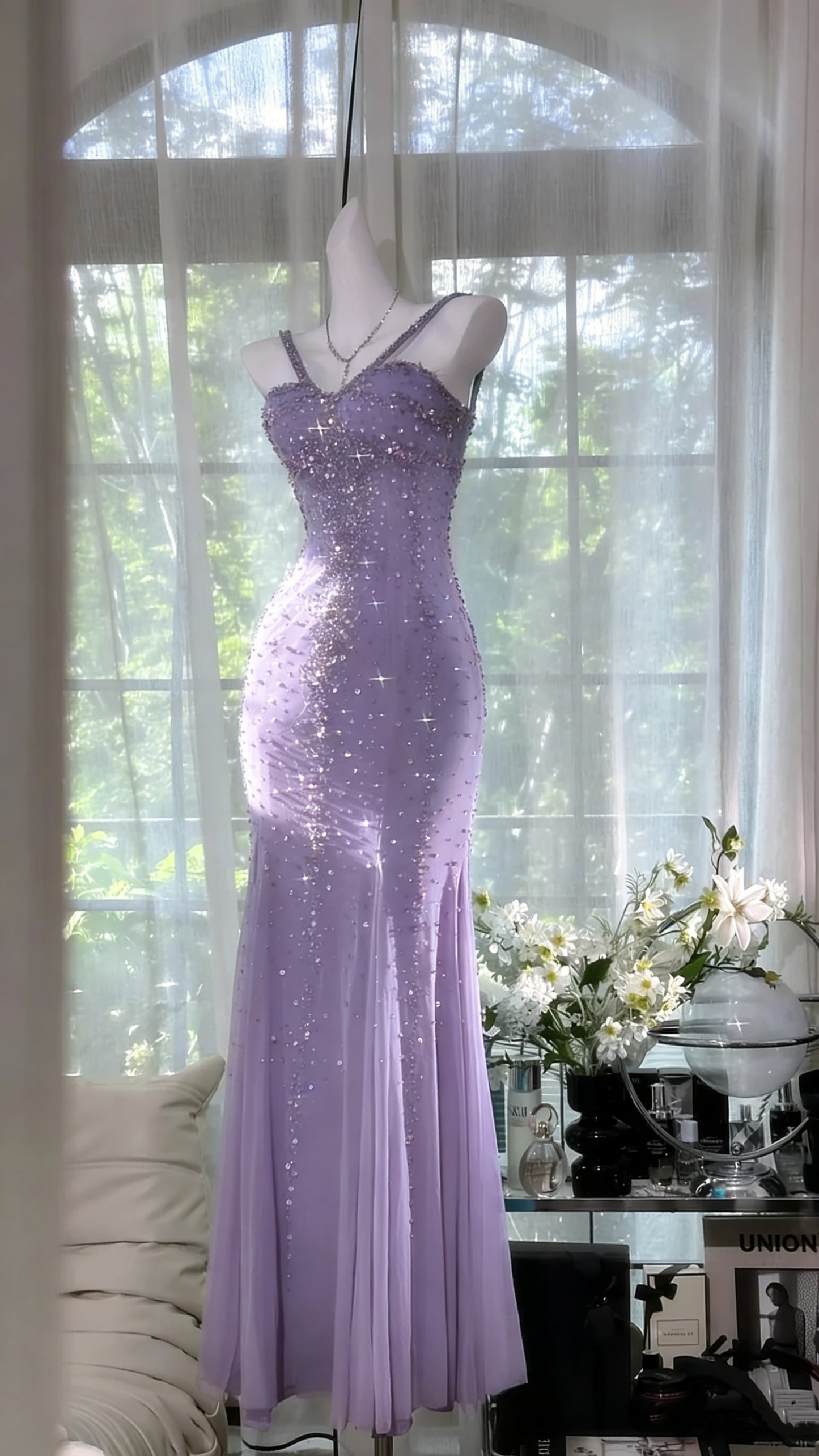 Schimmerndes seeblaues Meerjungfrauen-Abendkleid aus Chiffon mit Perlen P4037
