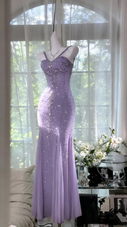 Schimmerndes seeblaues Meerjungfrauen-Abendkleid aus Chiffon mit Perlen P4037