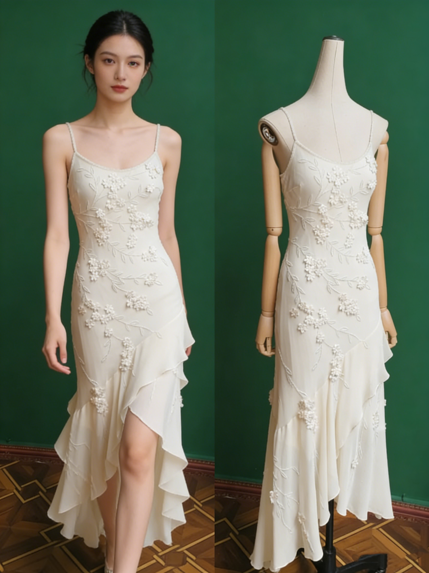 Elegantes weißes Meerjungfrauen-Abendkleid mit Spaghettiträgern, U-Ausschnitt, 3D-Blumenstickerei und Chiffon P4280