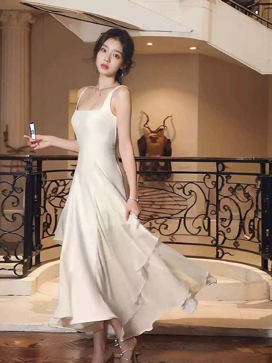 Vintage A line Square Neckline White Ruffles Chiffon Long Prom Dress Formal Dresses P2477