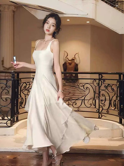 Vintage A line Square Neckline White Ruffles Chiffon Long Prom Dress Formal Dresses P2477