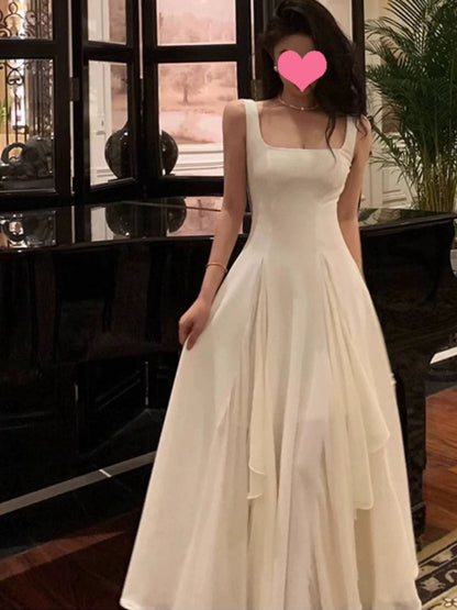 Vintage A line Square Neckline White Ruffles Chiffon Long Prom Dress Formal Dresses P2477