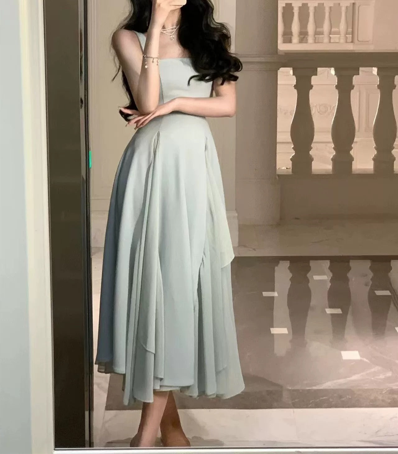 A Line Square Neck Prom Dress, Ankle Length Birthday Outfits P447