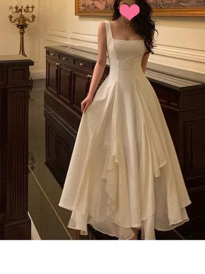 Vintage A line Square Neckline White Ruffles Chiffon Long Prom Dress Formal Dresses P2477