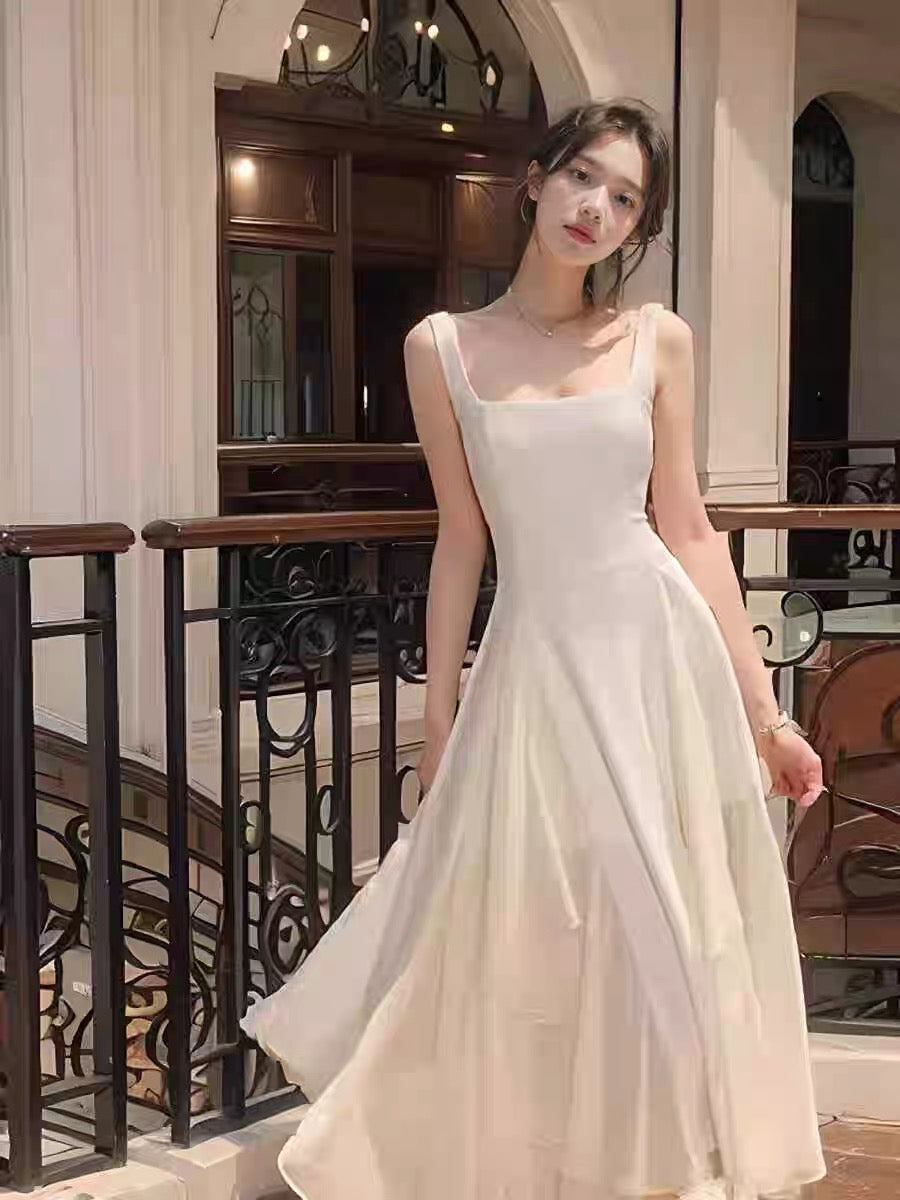 Vintage A line Square Neckline White Ruffles Chiffon Long Prom Dress Formal Dresses P2477