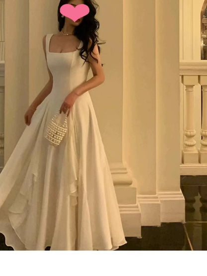 Vintage A line Square Neckline White Ruffles Chiffon Long Prom Dress Formal Dresses P2477
