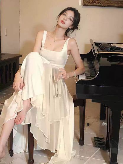 Vintage A line Square Neckline White Ruffles Chiffon Long Prom Dress Formal Dresses P2477