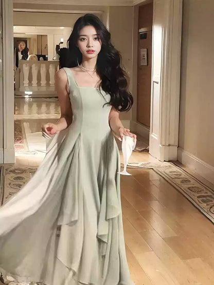 Vintage A line Square Neckline White Ruffles Chiffon Long Prom Dress Formal Dresses P2477