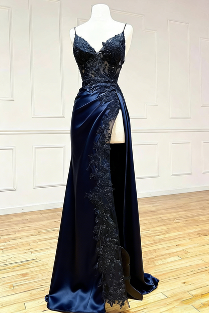 Black Floral Lace V-Neck Long Prom Dress with Slit Birthday Outfits P459