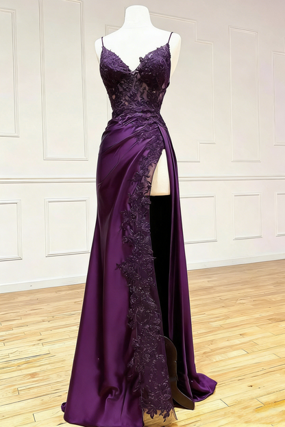 Black Floral Lace V-Neck Long Prom Dress with Slit Birthday Outfits P459