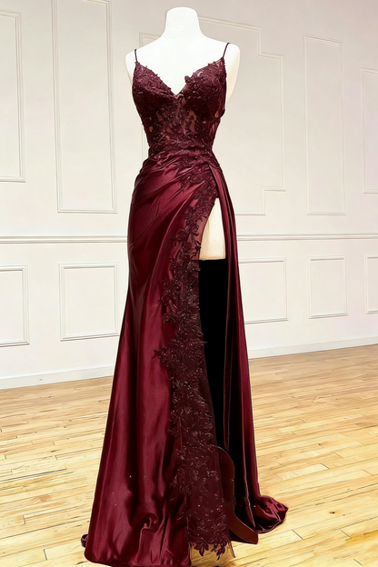 Black Floral Lace V-Neck Long Prom Dress with Slit Birthday Outfits P459