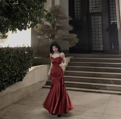 Stunning Mermaid Spaghetti Straps Long Wine Red Prom Dress Birthday Outfits P465