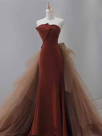 brown dress and pink shoes One Sleeve Sequin Strapless Prom Dresses Long Ruched Pleated Slit Even –  Divahotcouture