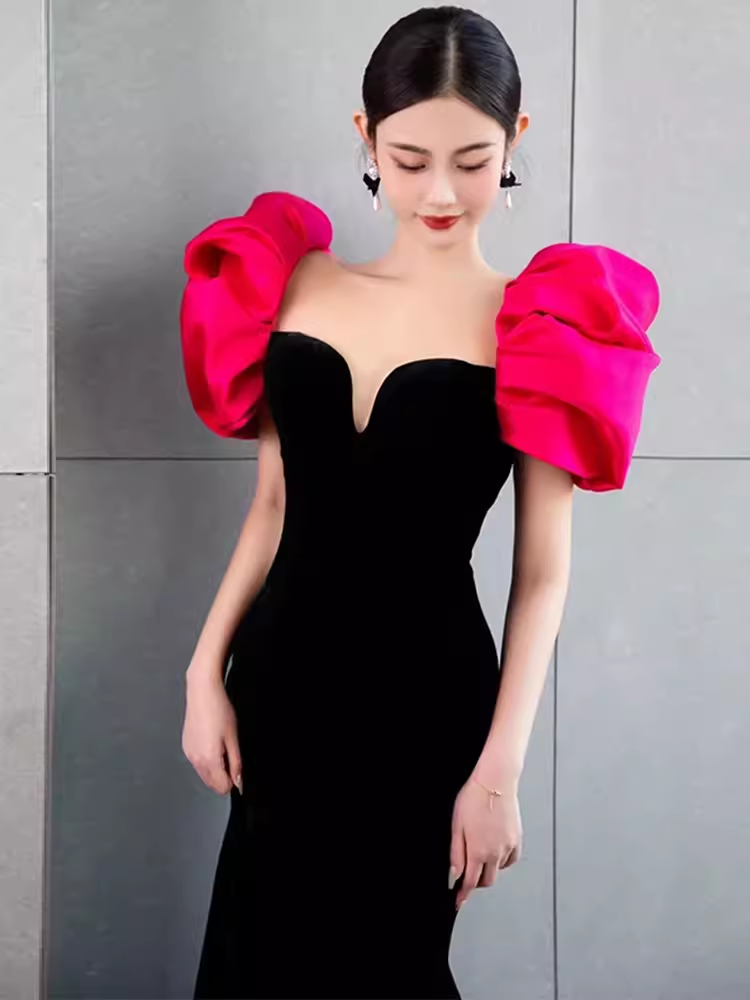 Sexy Mermaid Long Black Velvet Prom Dresses Long Prom Gown P473