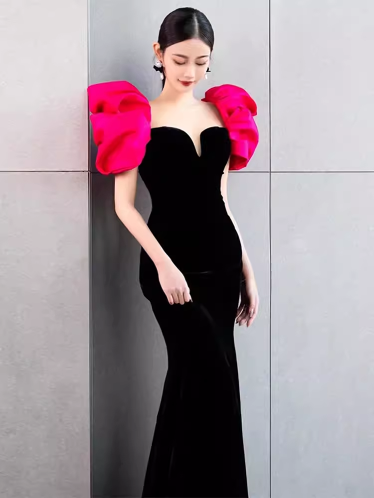 Sexy Mermaid Long Black Velvet Prom Dresses Long Prom Gown P473