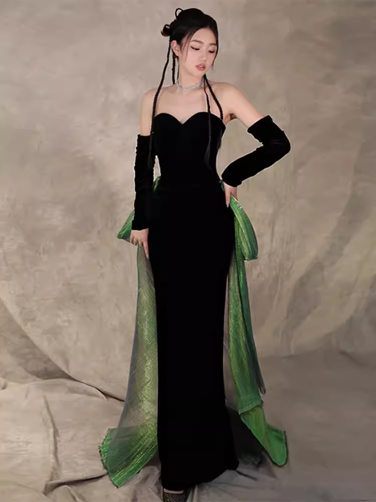 Sexy Mermaid Long Black Velvet Prom Dresses With Sleeves Long Prom Gown P474