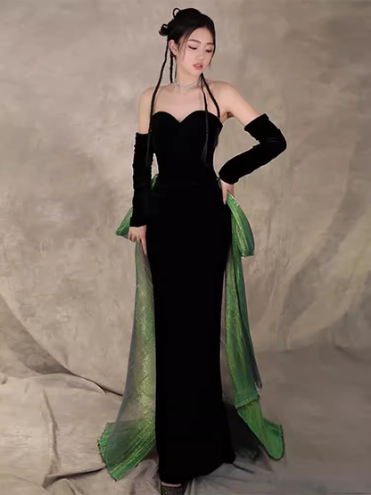 Sexy Mermaid Long Black Velvet Prom Dresses With Sleeves Long Prom Gown  P474