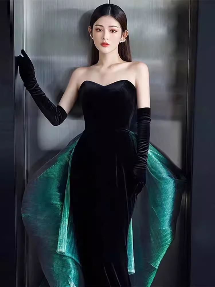 Sexy Mermaid Long Black Velvet Prom Dresses With Sleeves Long Prom Gown P474