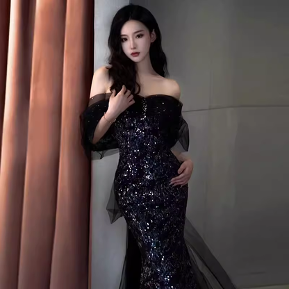 Sexy Meerjungfrau Lange Schwarze Pailletten Ballkleider mit Flügelärmeln Langes Ballkleid P475