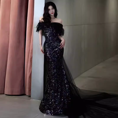 Sexy Meerjungfrau Lange Schwarze Pailletten Ballkleider mit Flügelärmeln Langes Ballkleid P475