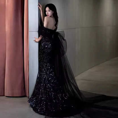 Sexy Meerjungfrau Lange Schwarze Pailletten Ballkleider mit Flügelärmeln Langes Ballkleid P475