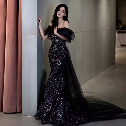 Sexy Meerjungfrau Lange Schwarze Pailletten Ballkleider mit Flügelärmeln Langes Ballkleid P475