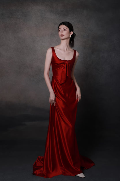 Elegantes, olivgrünes, quadratisches Neckholder-Satin-Kleid mit Schleife, langes Ballkleid, Abendkleid P4750