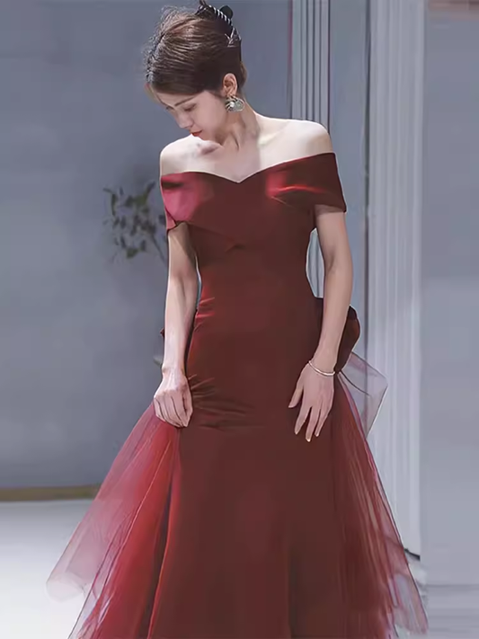 Sexy Mermaid Long Red Satin Prom Dresses With Bowknot Long Prom Dress P476