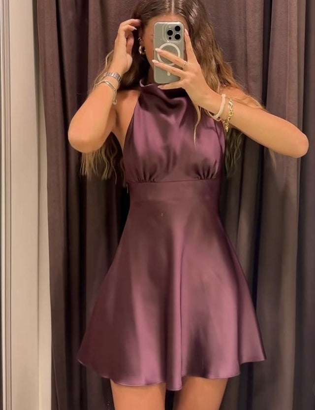Elegant Homecoming Dress A Line Stain Halter Dark Purple Cocktail Dress Short Birthday Party Dress    P4939
