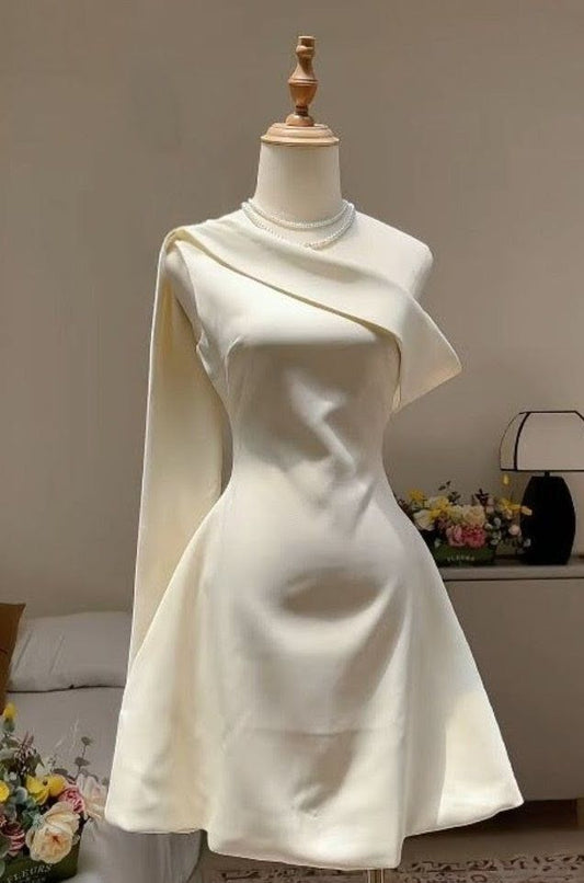 Charming Homecoming Dress A Line Ivory One Shoulder Cocktail Dress Short Birthday Party Dress    P4943