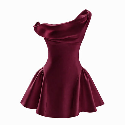Stunning Homecoming Dress Burgundy A Line Stain One Shoulder Cocktail Dress Short Birthday Party Dress    P4947