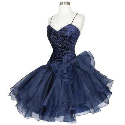Chic Homecoming Dress Navy Blue A Line Tulle Spaghetti Straps Pleated Cocktail Dress Short Birthday Party Dress    P4948
