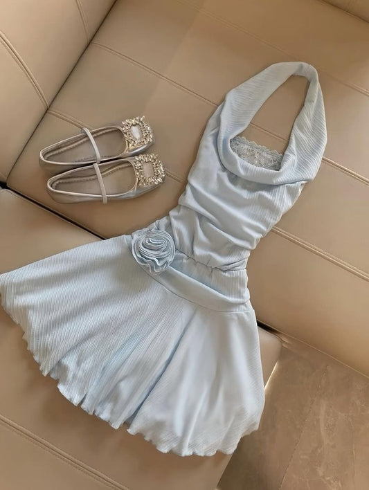 Beauty Homecoming Dress Light Blue A Line Halter Cocktail Dress Short Birthday Party Dress    P4949