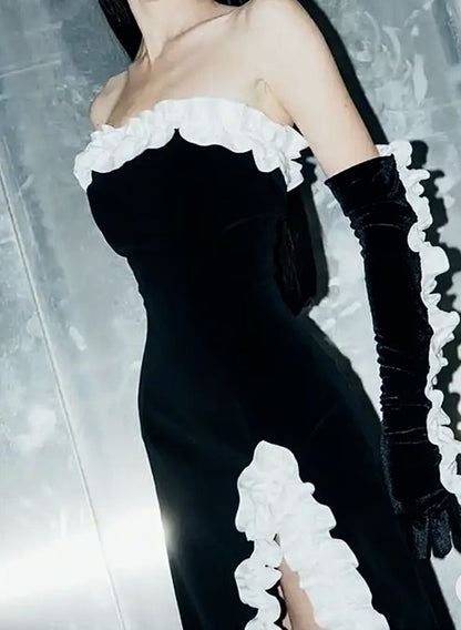 black dress white gloves Vintage Sheath Strapless Sleeveless Black Slit Prom Dresses With Glove – PreppyDress