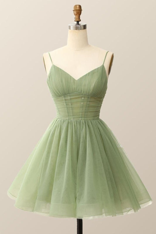 Pretty Homecoming Dress Light Green Spaghetti Straps Tulle Cocktail Dress Short Birthday Party Dress    P4950