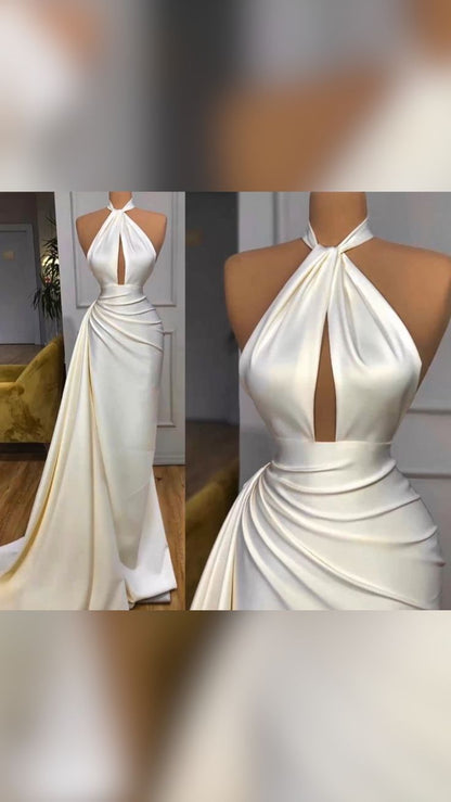 Robes de bal longues ivoire sans manches dos nu sirène vintage P496