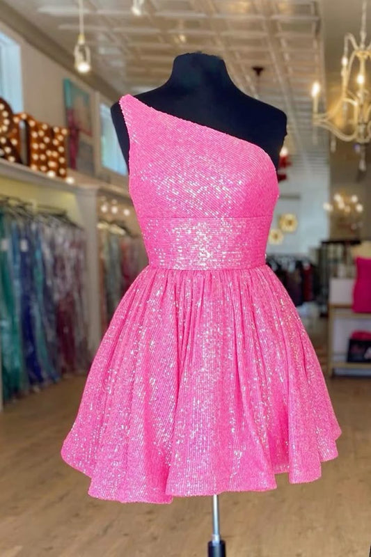 Shiny Homecoming Dress Hot Pink One Shoulder Pleated Short Party Dress Cocktail Dress     P4963