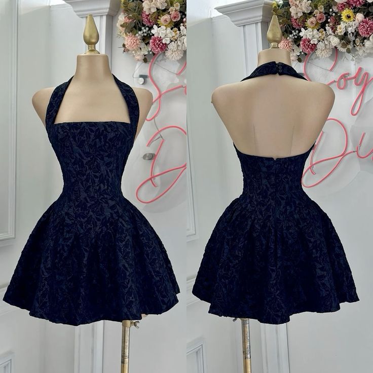 Elegant Homecoming Dress Navy Blue A Line Halter Short Birthday Party Dress Cocktail Dress     P4966
