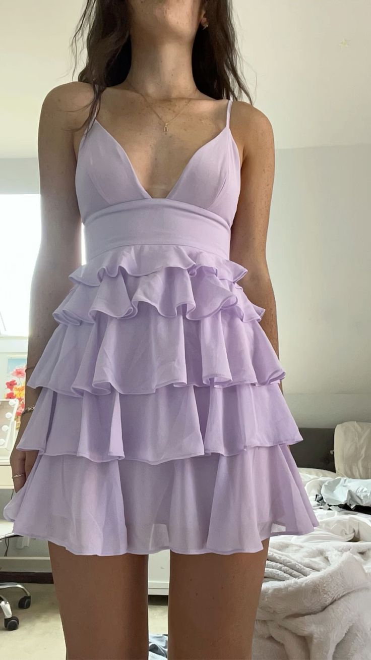Stunning Homecoming Dress Lilac Spaghetti Straps Chiffon Tiered Short Birthday Party Dress Cocktail Dress     P4969