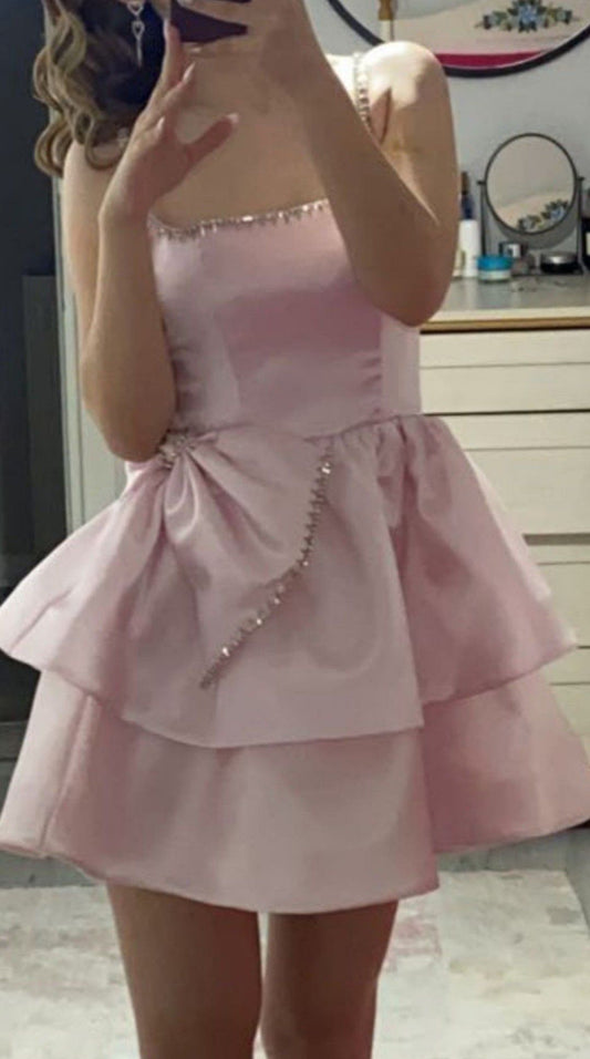 Sweet Homecoming Dress Pink Spagehhti Straps Stain Short Birthday Party Dress Cocktail Dress     P4973