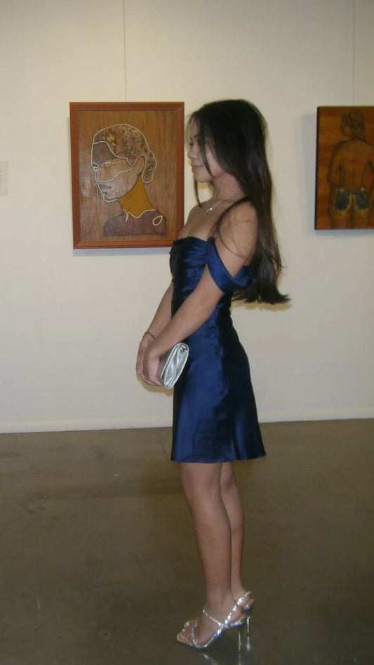 Charming Homecoming Dress Navy Blue Stain Off Shoulder Cocktail Dress Short Birthday Party Dress      P4976