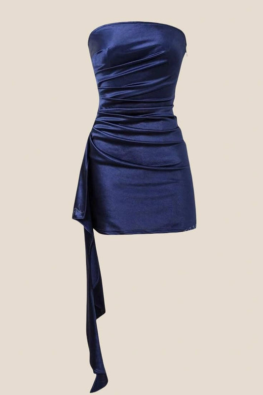 Chic Homecoming Dress Navy Blue Stain Strapless Pleated Cocktail Dress Short Birthday Party Dress      P4991