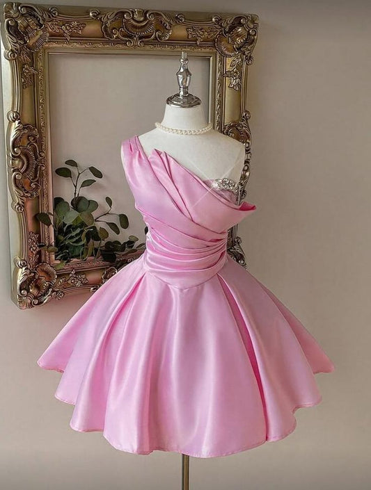 Stunning Homecoming Dress Pink Stain One Shoulder A Line Pleated Cocktail Dress Short Birthday Party Dress      P4992