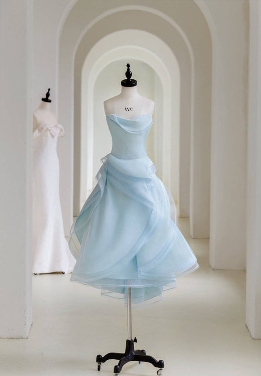 Lovely Homecoming Dress Baby Blue Strapless A Line Pleated Back to School Outfits Short Birthday Party Dress      P4993