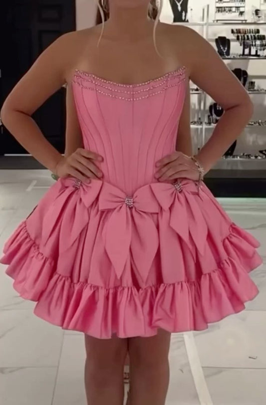 Sweet Homecoming Dress Pink Strapless A Line Pleated Bowknot Back to School Outfits Short Birthday Party Dress      P4994