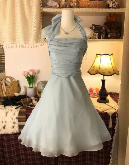 Stunning Homecoming Dress Light Blue Halter A Line Chiffon Pleated Back to School Outfits Short Birthday Party Dress      P4996